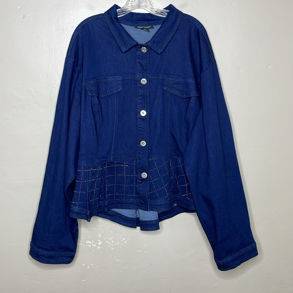 ASHLEY STEWART Jean Jacket Button Front Double Layer Peplum Hem Rhinestones 30